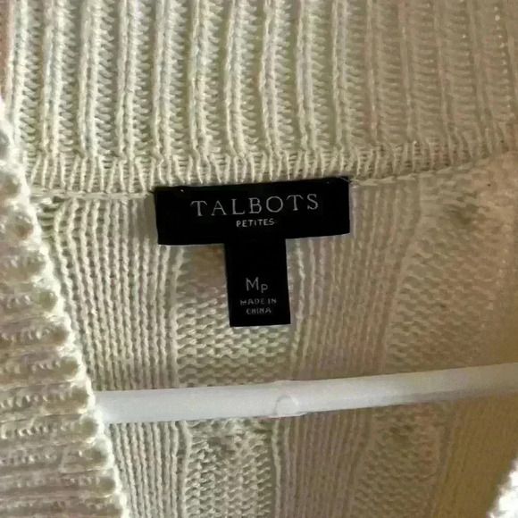 Talbots Cardigan Sweater Womens Medium Petite Ivory Cable Knit Toggle Fisherman - Picture 5 of 6